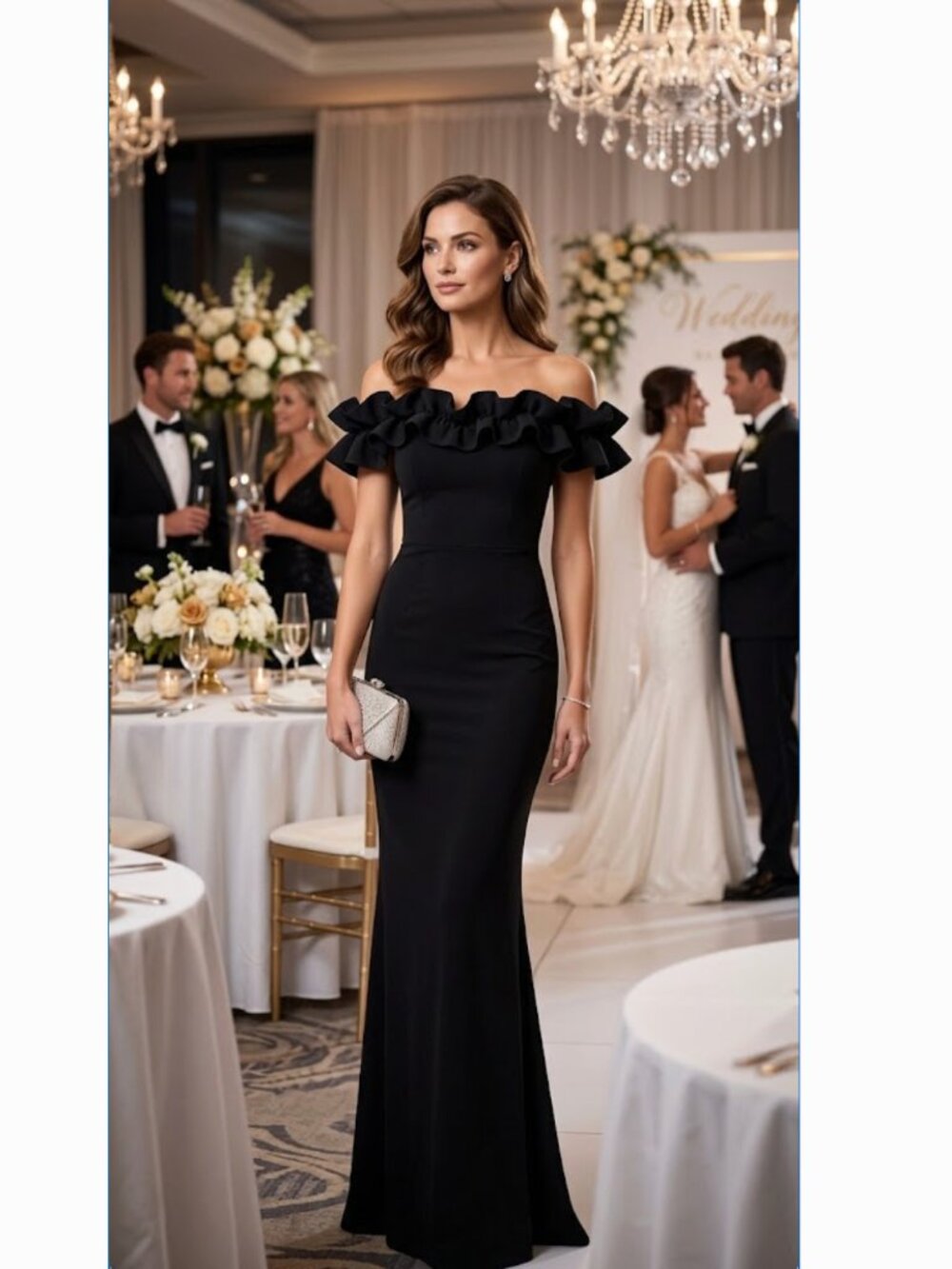 NWT Xscape Black Off-Shoulder Ruffle Column Gown Stretch SZ-12